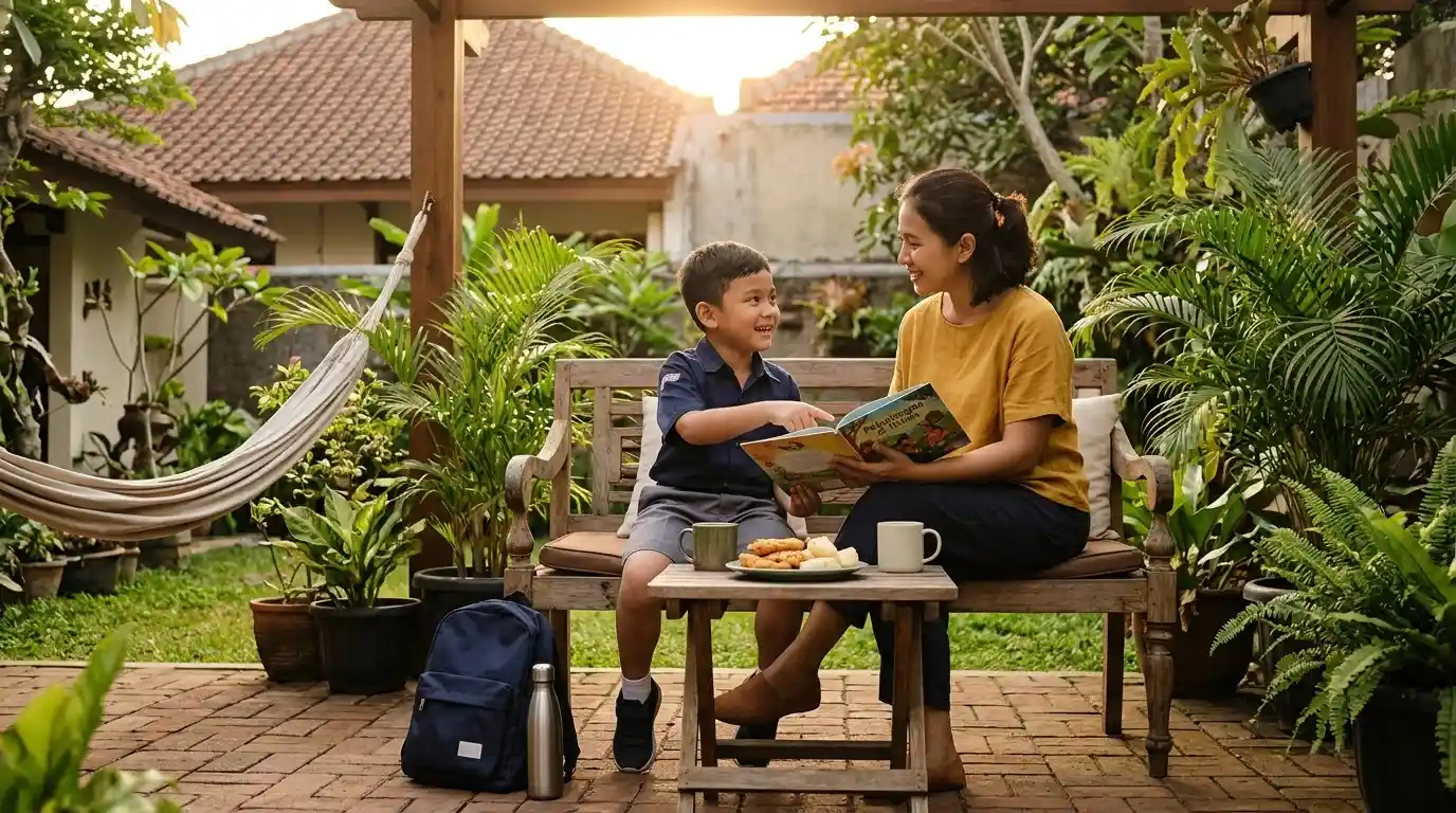 Seorang ayah berbincang dengan anak di taman.