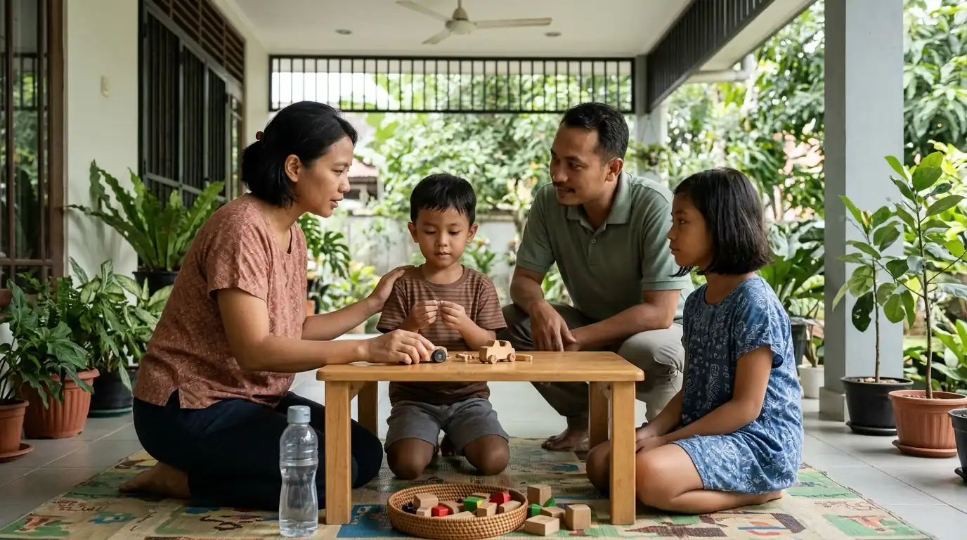 Keluarga melakukan kegiatan bersama dengan anak-anak di rumah.