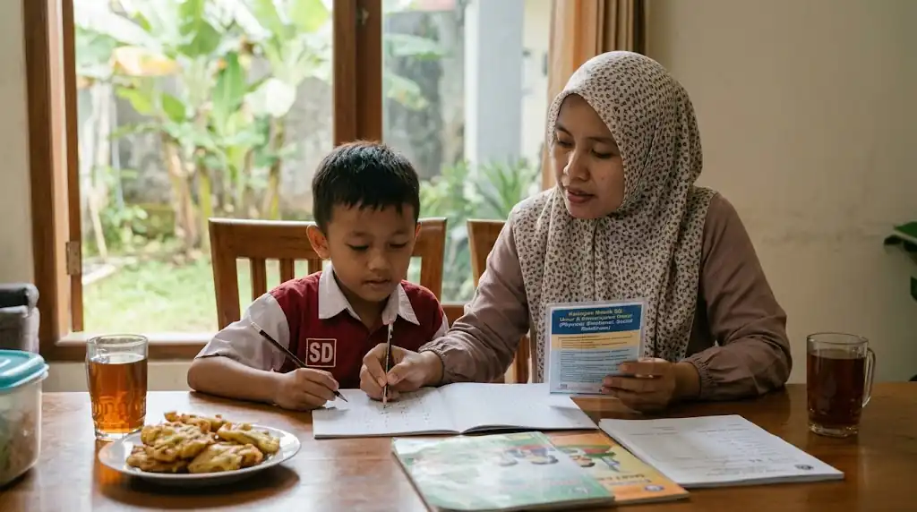 Orang dewasa mendampingi anak berlatih membaca atau menulis di meja.