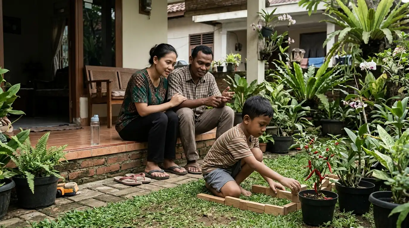 Orang tua dan anak melakukan aktivitas bersama di luar rumah.