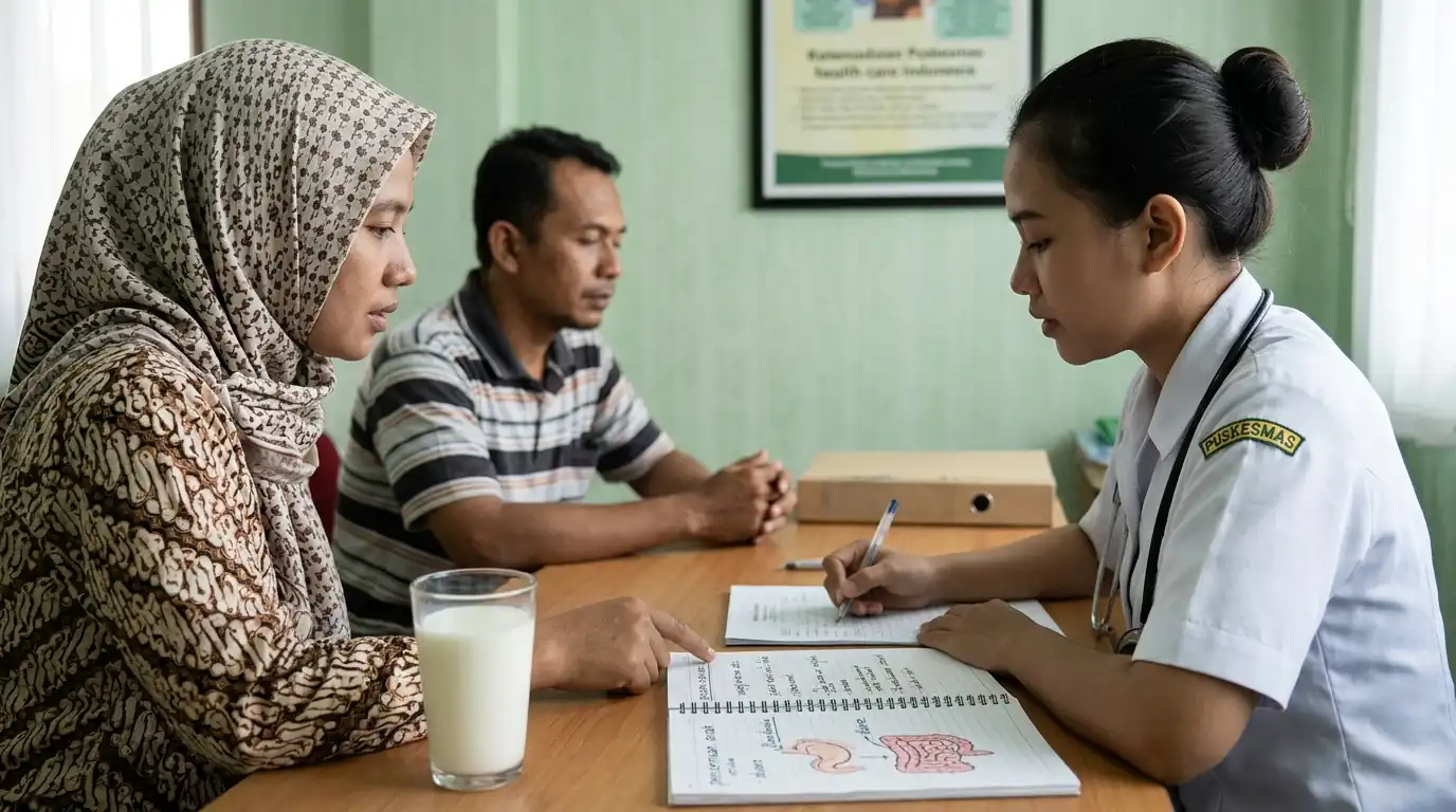 Orang tua berkonsultasi dengan tenaga kesehatan di meja pemeriksaan.