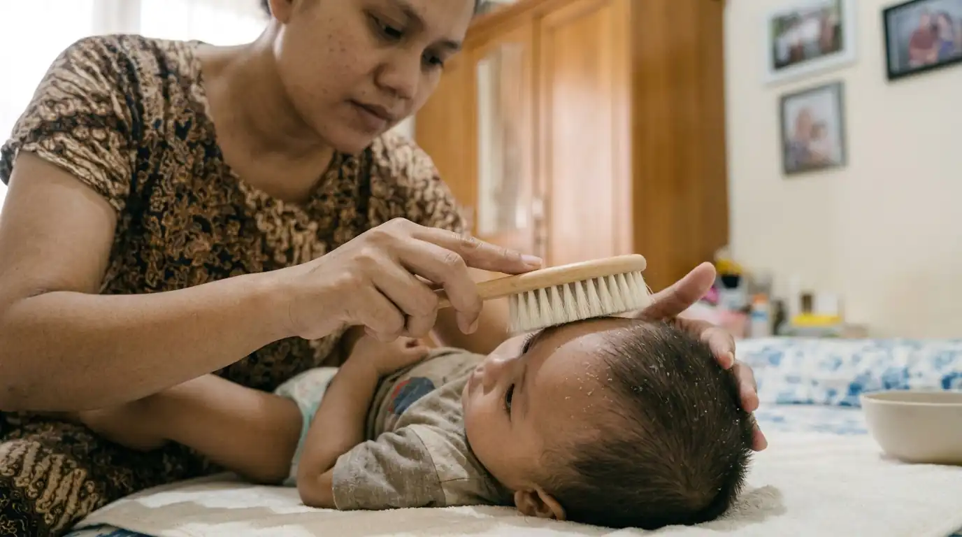 Ibu menyisir lembut kulit kepala bayi menggunakan sikat bayi.