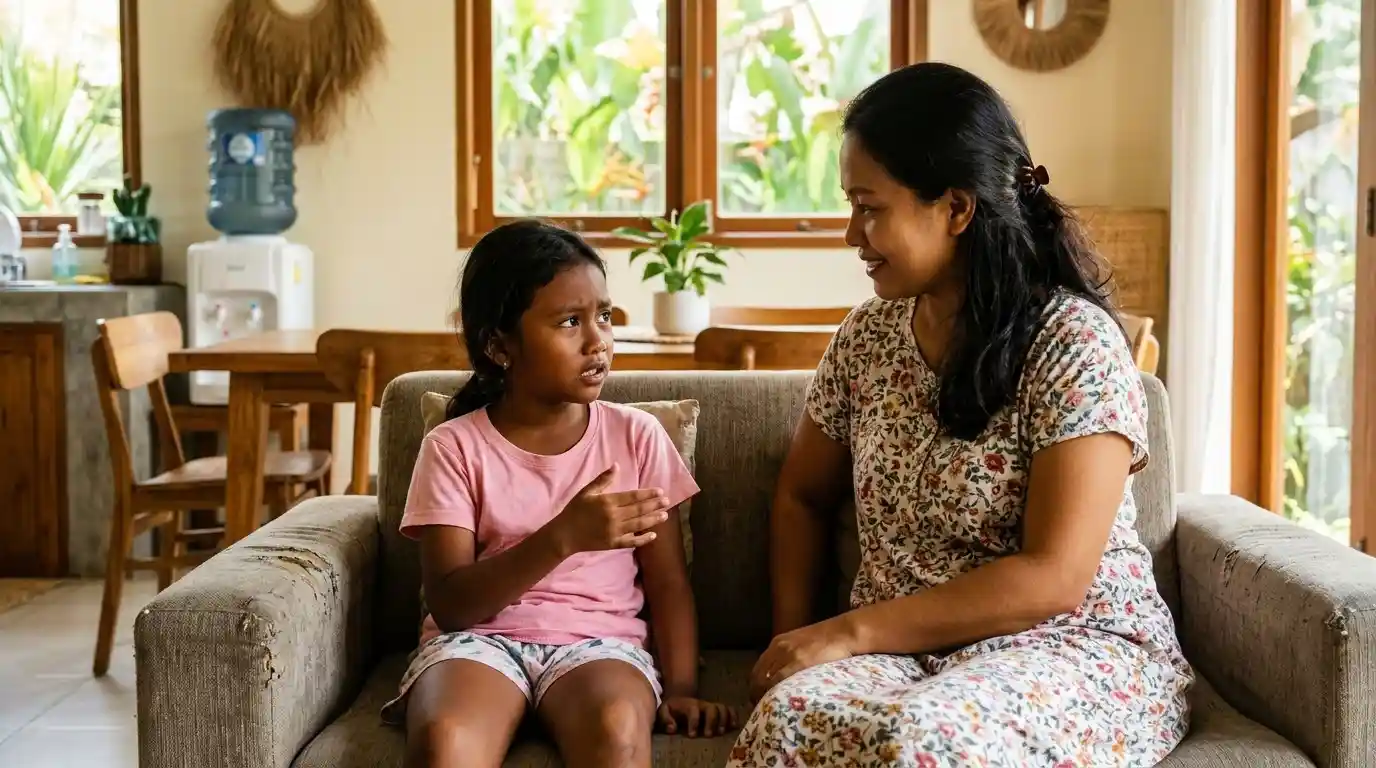 Seorang ibu mendengarkan anak berbicara di ruang keluarga.