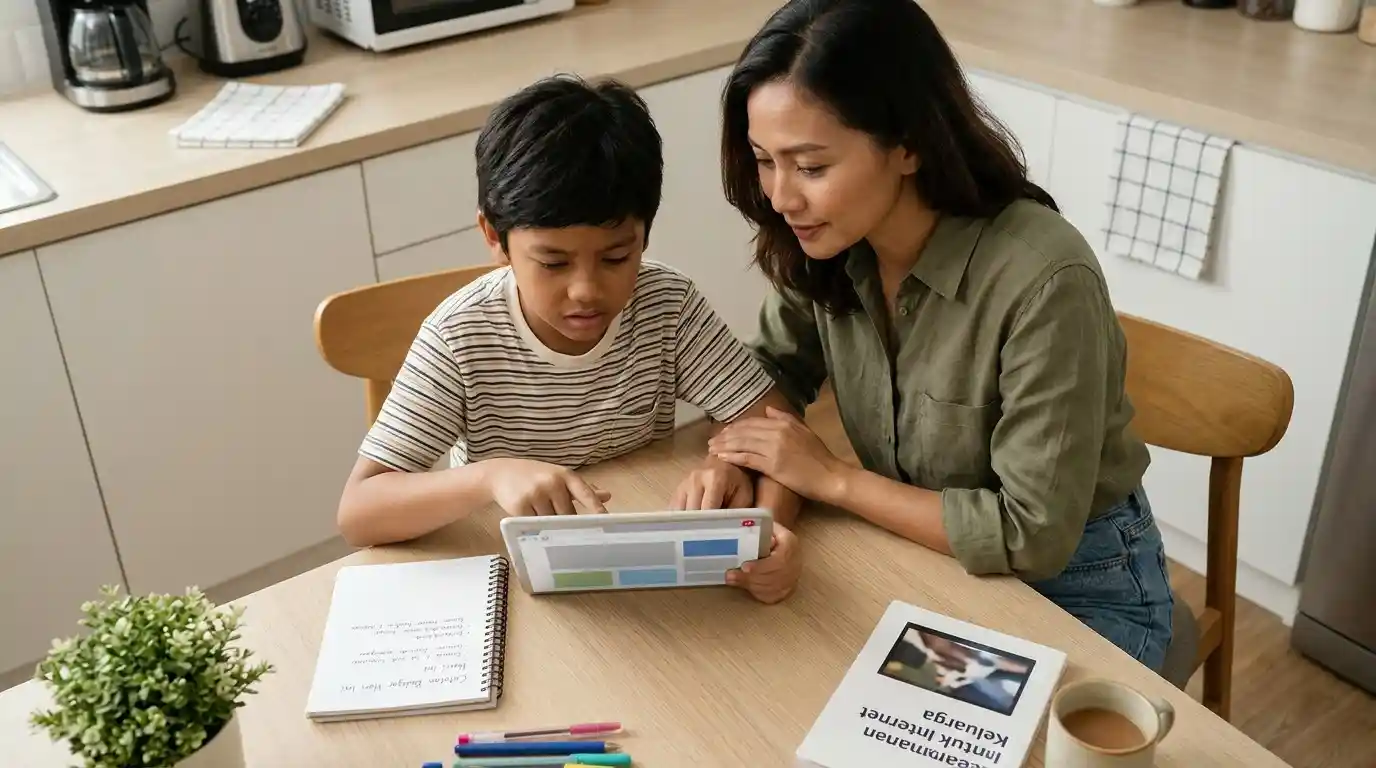 Seorang ibu dan anak melihat layar komputer bersama untuk membahas konten digital.