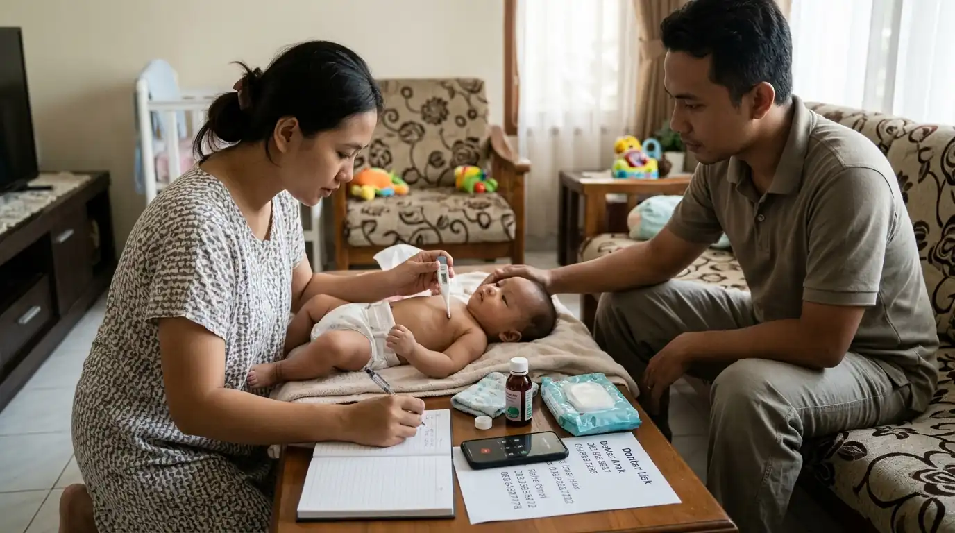 Ibu memeriksa bayi yang berbaring sementara ayah mendampingi; catatan dan perlengkapan bayi ada di meja.