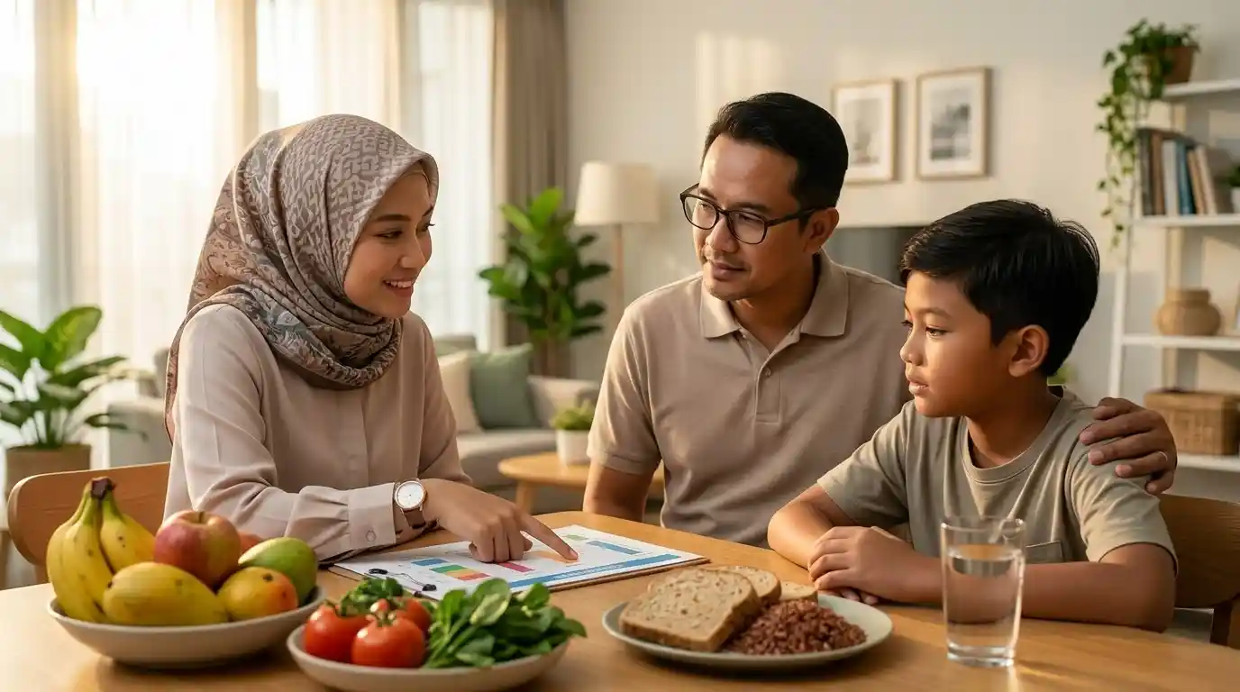 Kedua orang tua makan bersama anak di meja yang berisi buah dan hidangan.