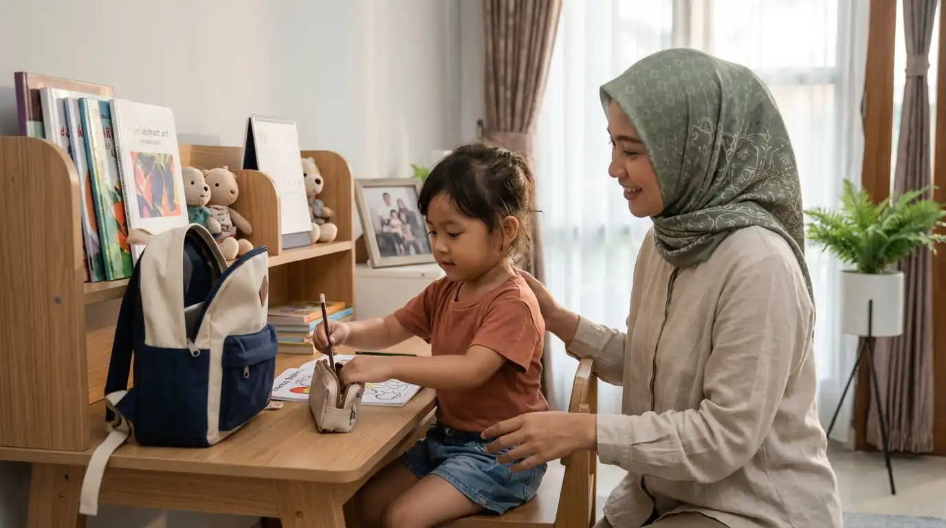 Anak dan orang tua menyiapkan tas sekolah bersama di rumah.