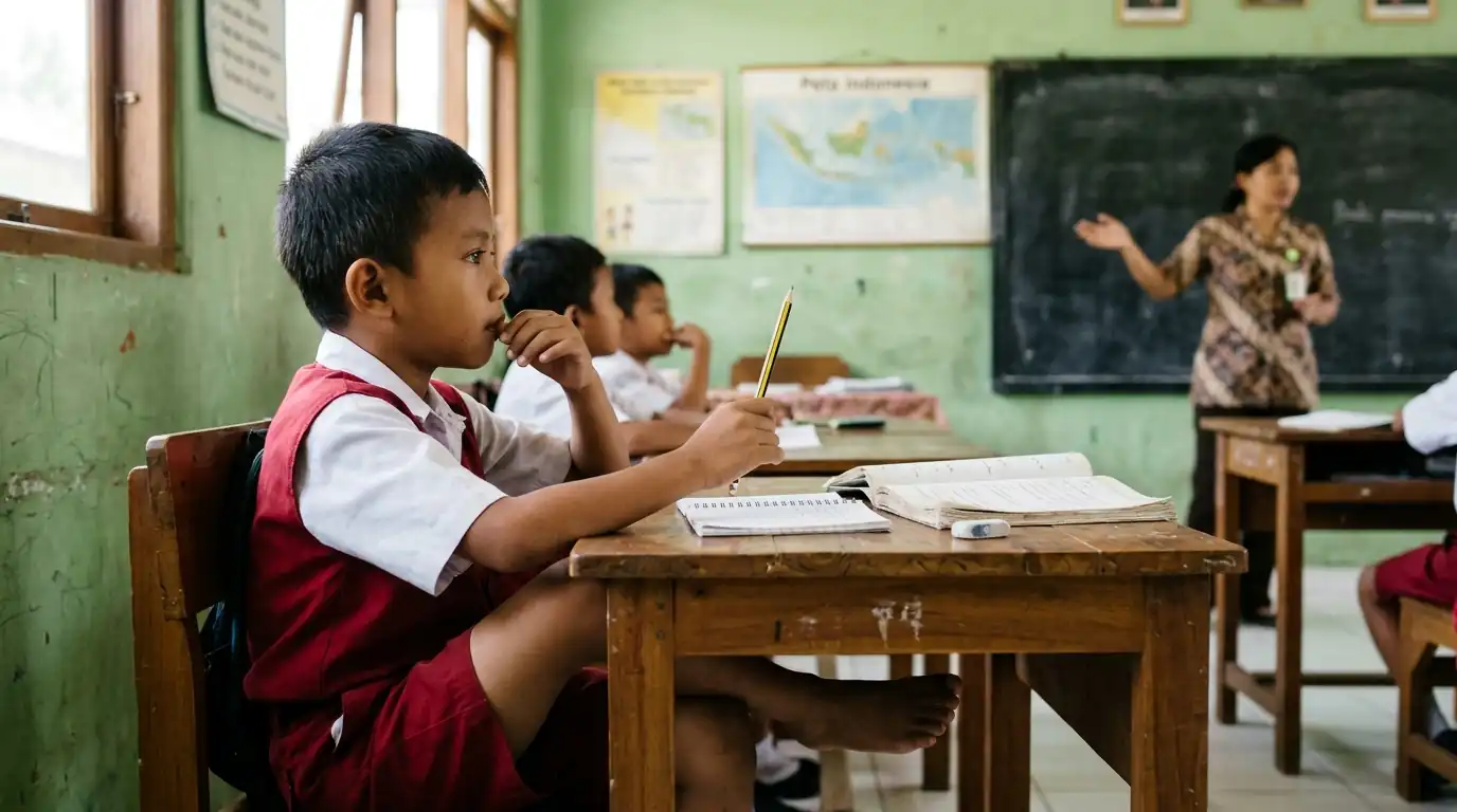 Murid duduk di bangku kelas dan mengangkat tangan sementara guru mengajar di depan.