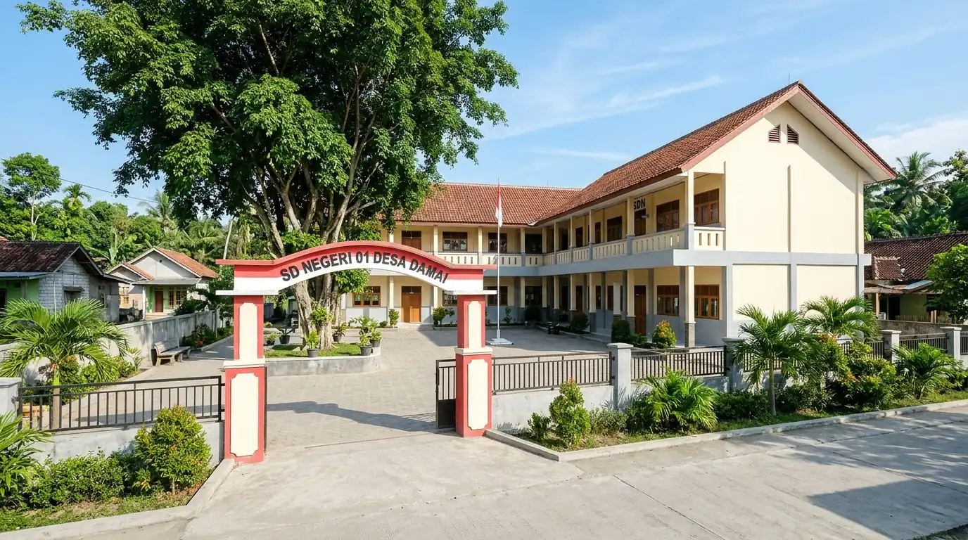 Gerbang dan bangunan sekolah terlihat dari luar.