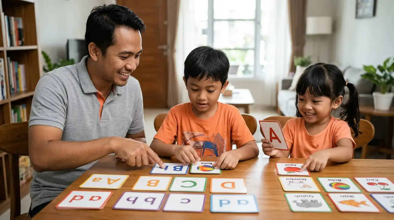 Seorang ayah bersama anak-anak melakukan aktivitas menggunakan kartu atau gambar di meja.