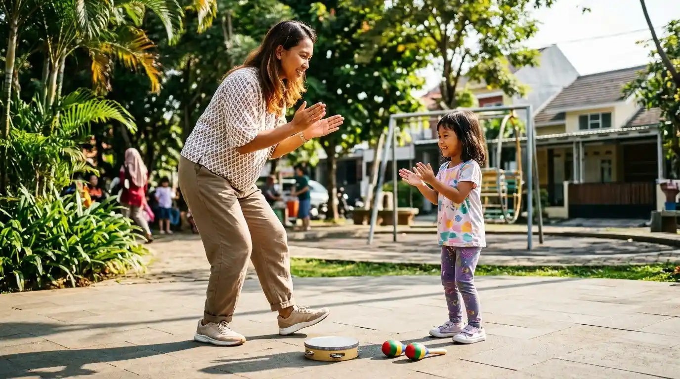 Seorang ibu dan anak bergerak mengikuti irama di halaman.