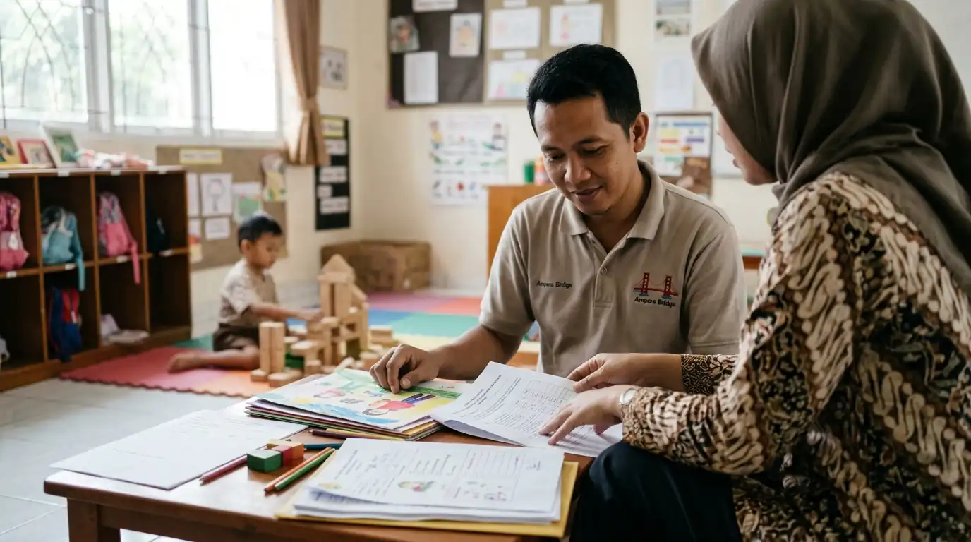 Dua orang dewasa memeriksa berkas sekolah bersama di atas meja.