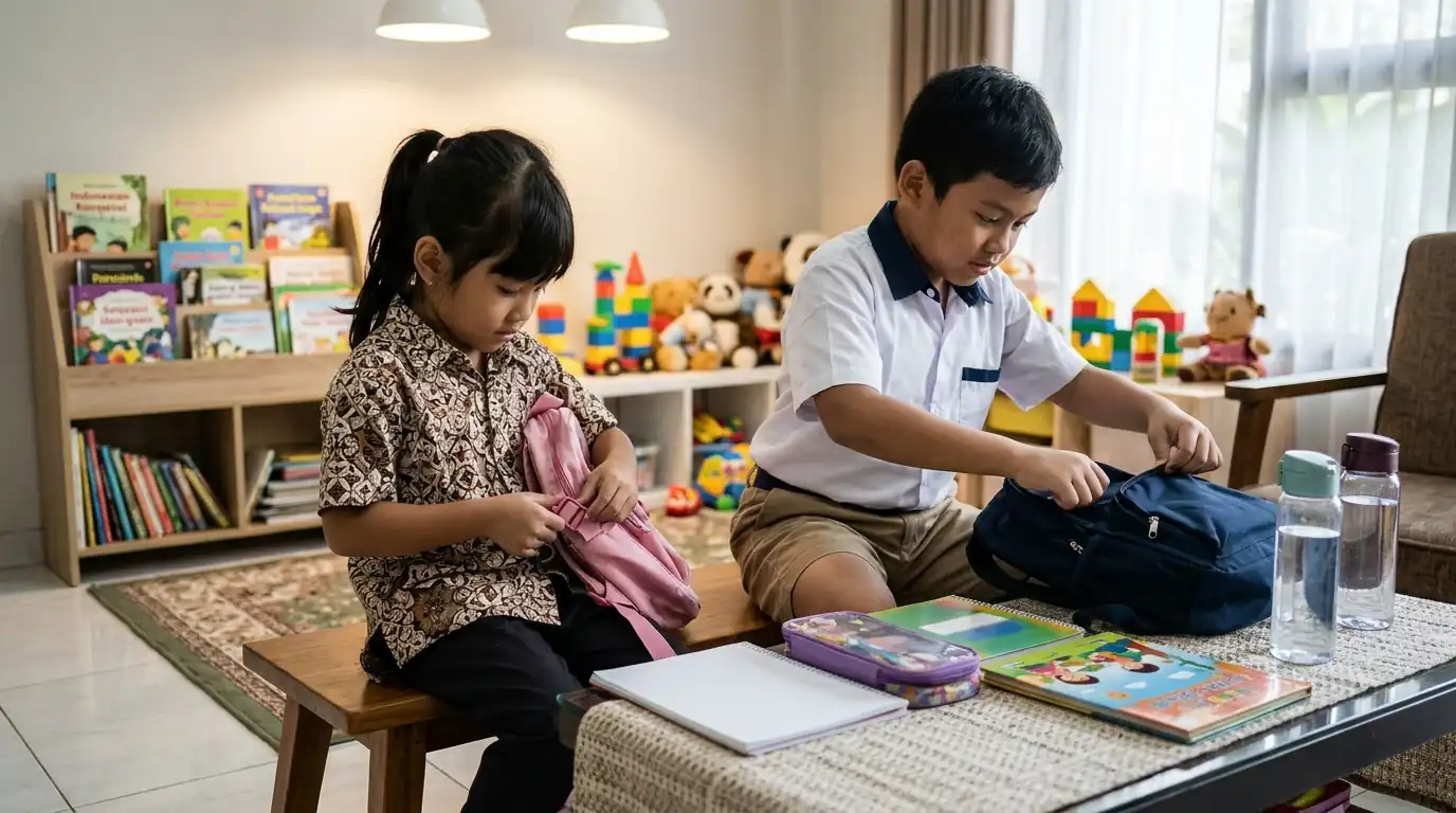 Dua anak dan seorang orang dewasa duduk di meja sambil melakukan aktivitas gambar atau belajar.