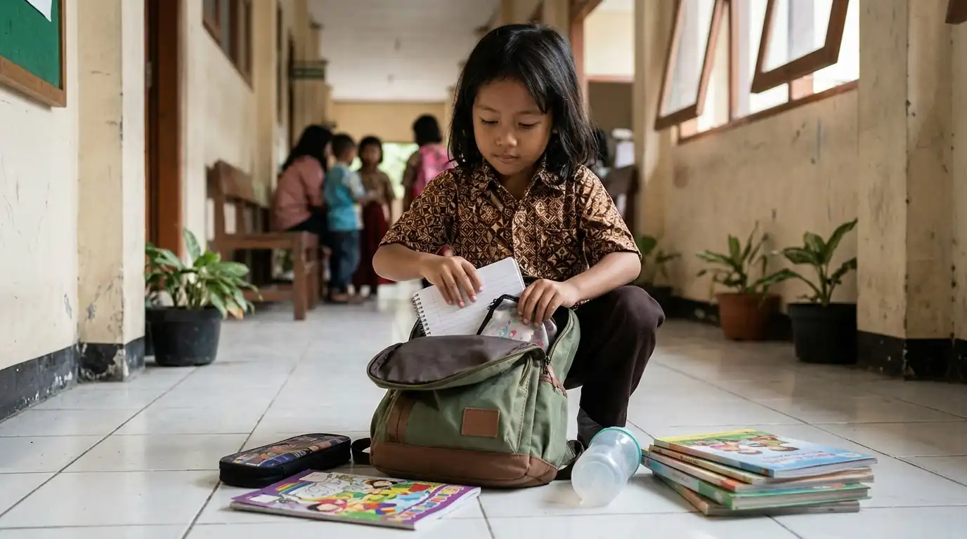 Seorang perempuan dewasa duduk bersama anak di dekat tas sekolah.