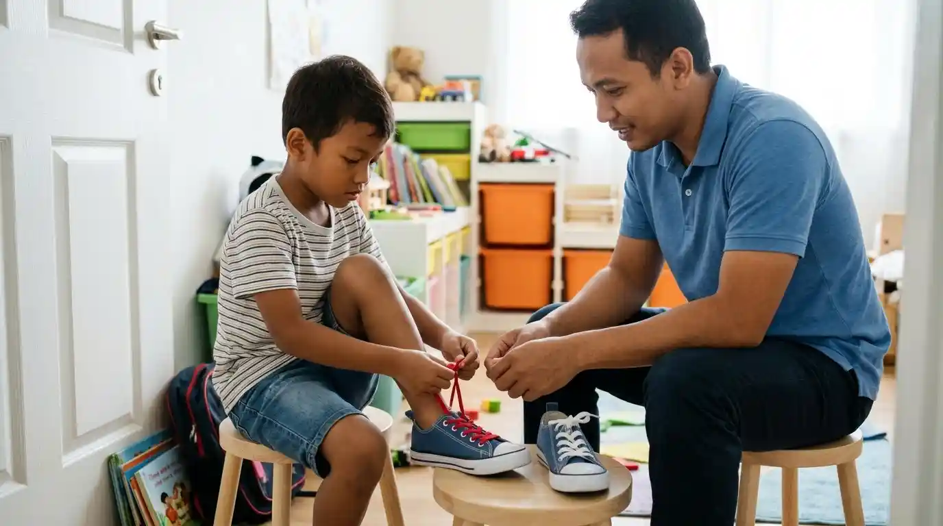 Seorang ayah dan anak mencoba keterampilan baru bersama di meja.