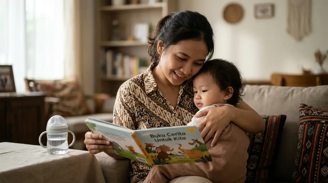 Ibu memeluk anak sambil membaca buku bersama.
