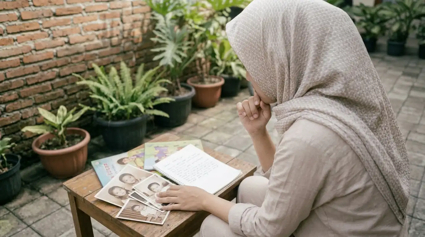 Seorang perempuan membaca buku dengan tenang di area terbuka dekat taman.