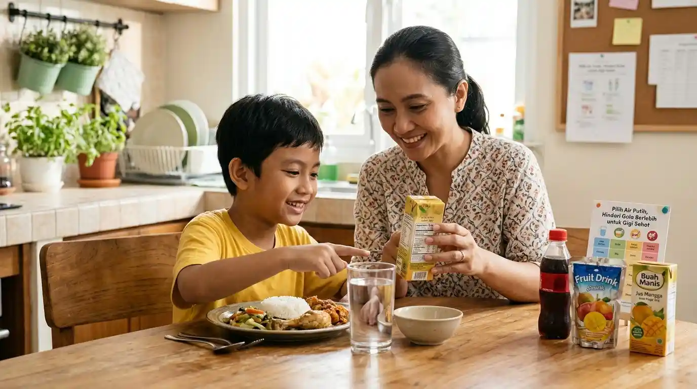 Seorang ibu dan anak menyiapkan minuman dan makanan di meja dapur.