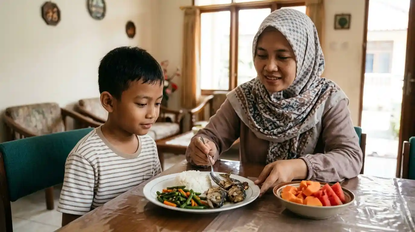 Anak menikmati makanan bersama ibu di meja makan.