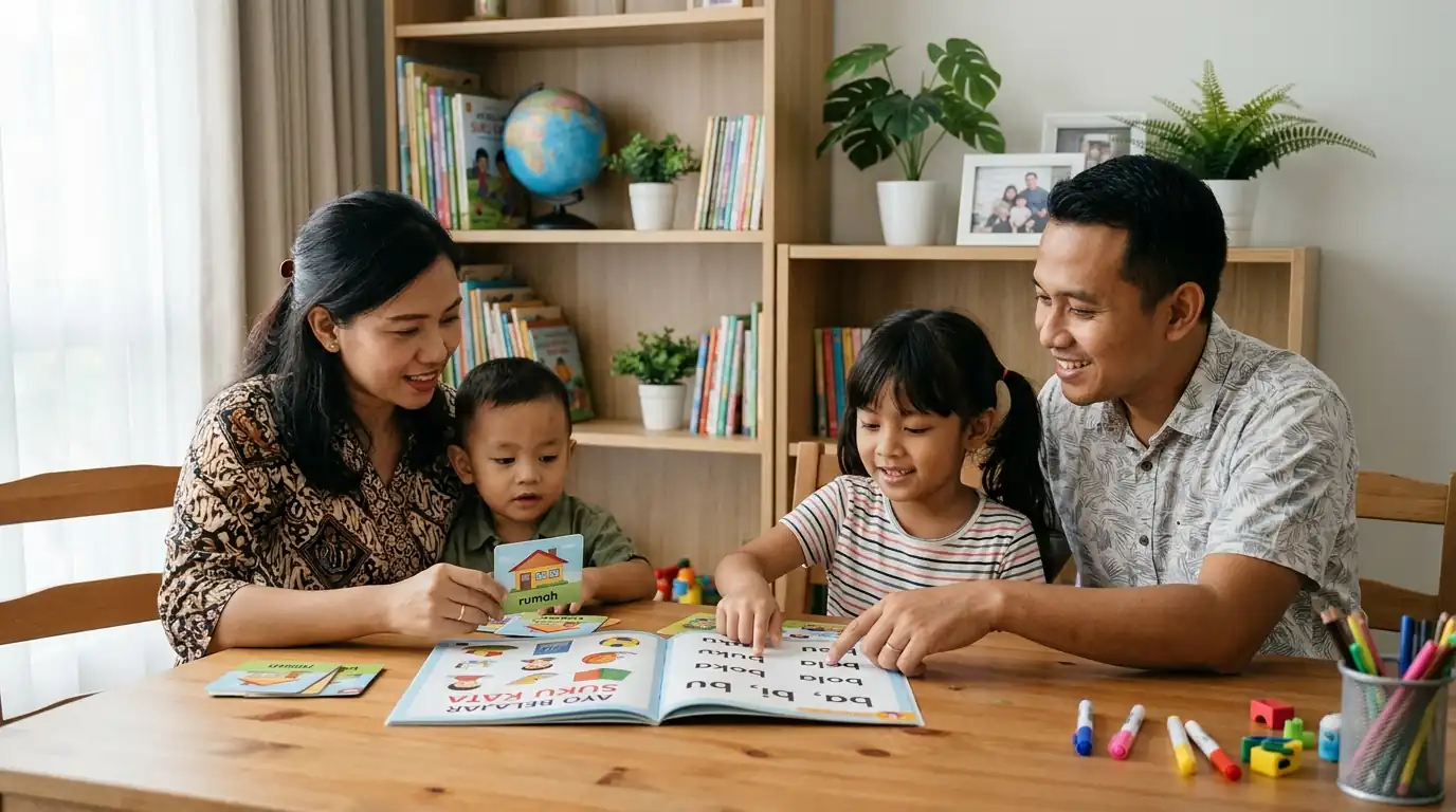 Satu keluarga duduk di meja bersama anak-anak saat melakukan aktivitas.