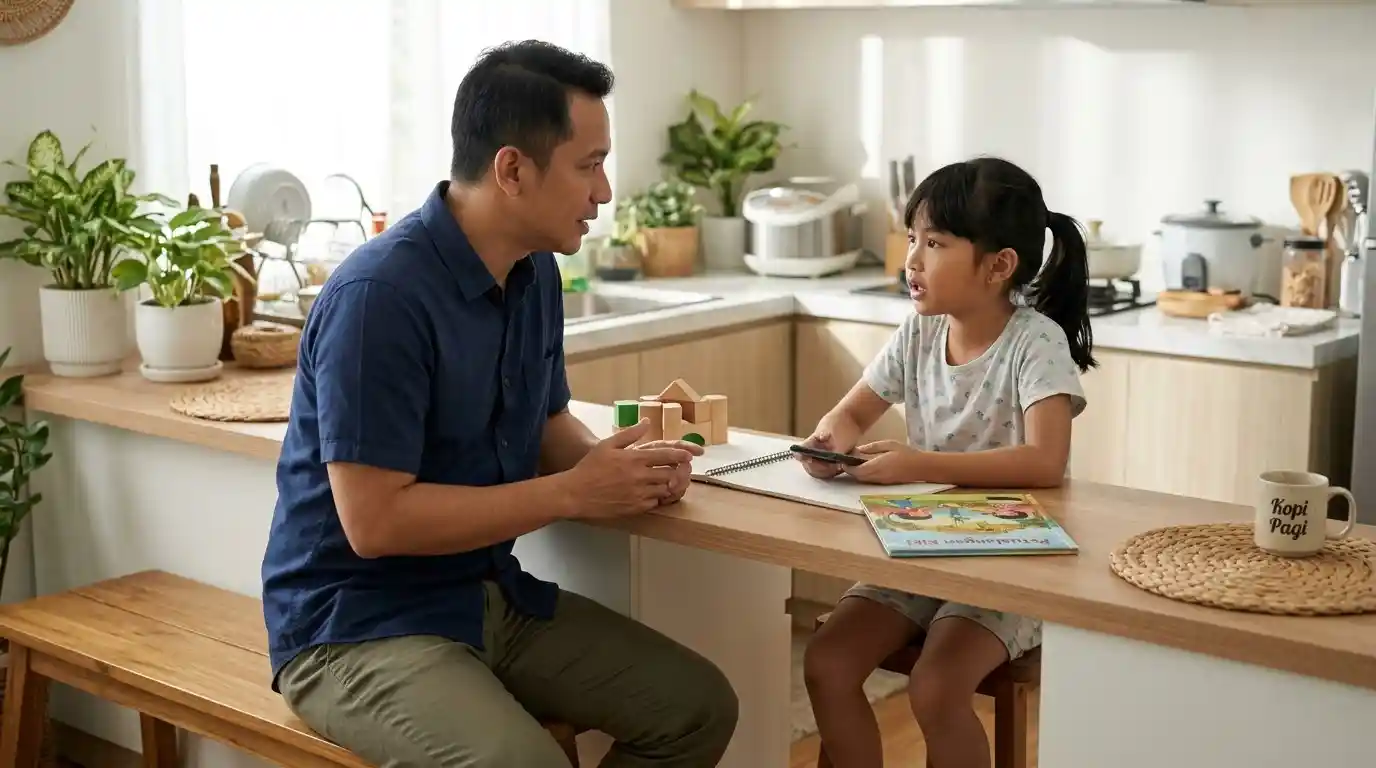 Seorang ayah berbincang dengan anak di meja sambil menjelaskan batasan.