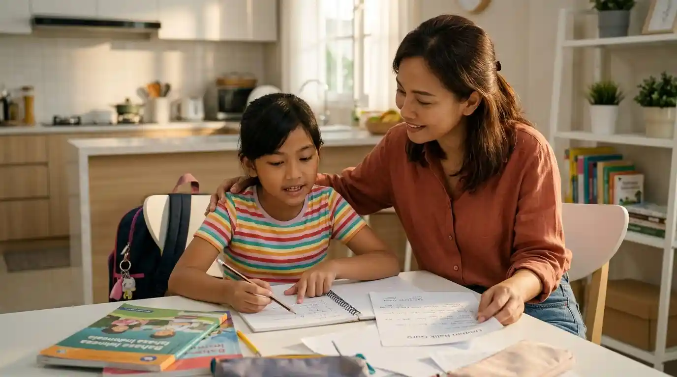Seorang ibu membantu anak membaca umpan balik dan menyusun kegiatan belajar.