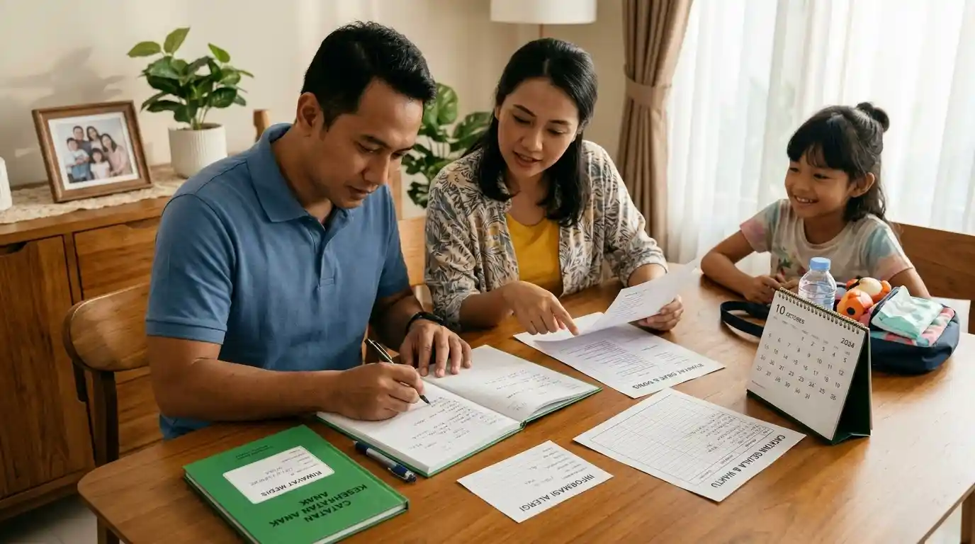 Orang tua menyiapkan catatan kesehatan anak untuk kunjungan dokter.