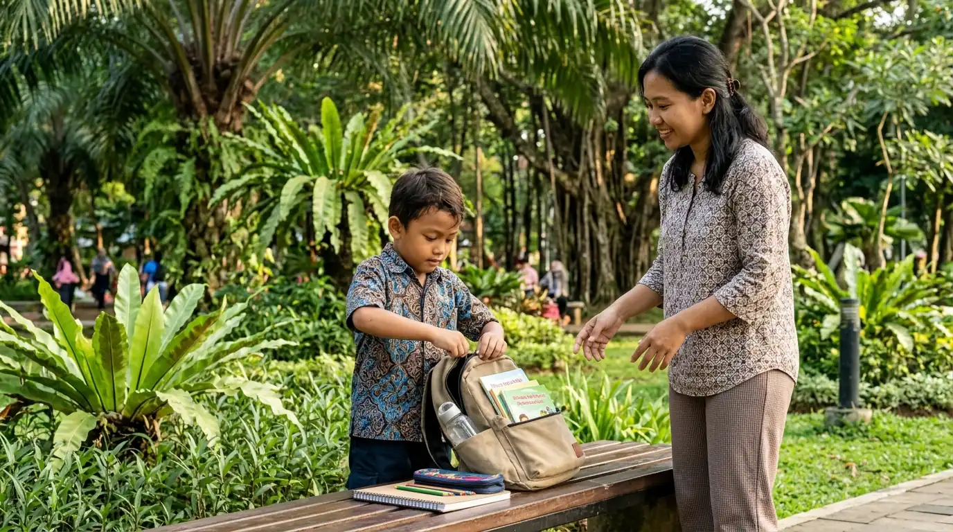 Seorang perempuan dewasa mendampingi anak perempuan membawa tas di area taman.