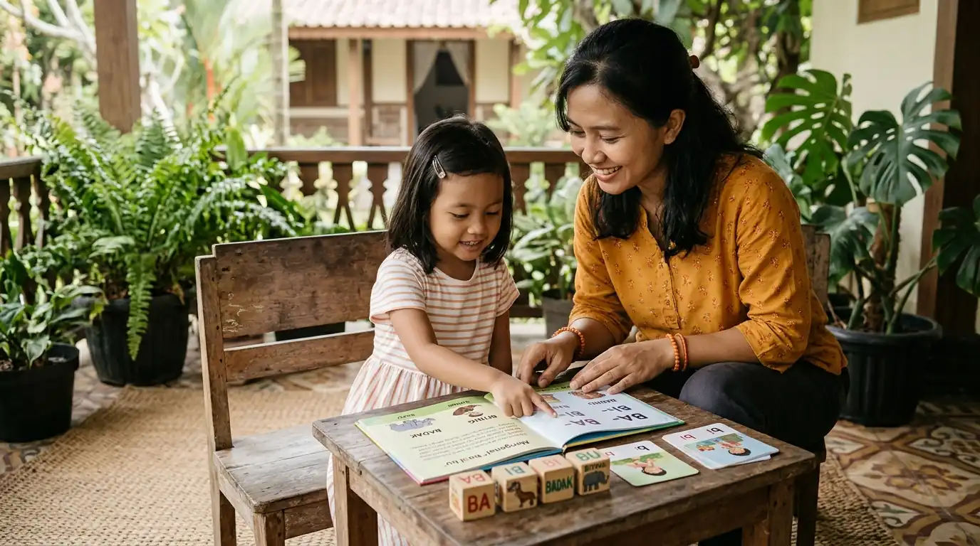 Seorang perempuan dewasa mendampingi anak saat membaca atau menggambar di meja.