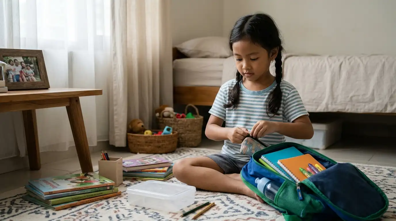 Seorang anak perempuan duduk sendiri di dekat tas sekolah.