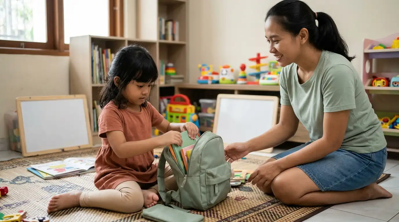 Ibu mendampingi anak menyiapkan ransel dan perlengkapan sekolah di rumah.