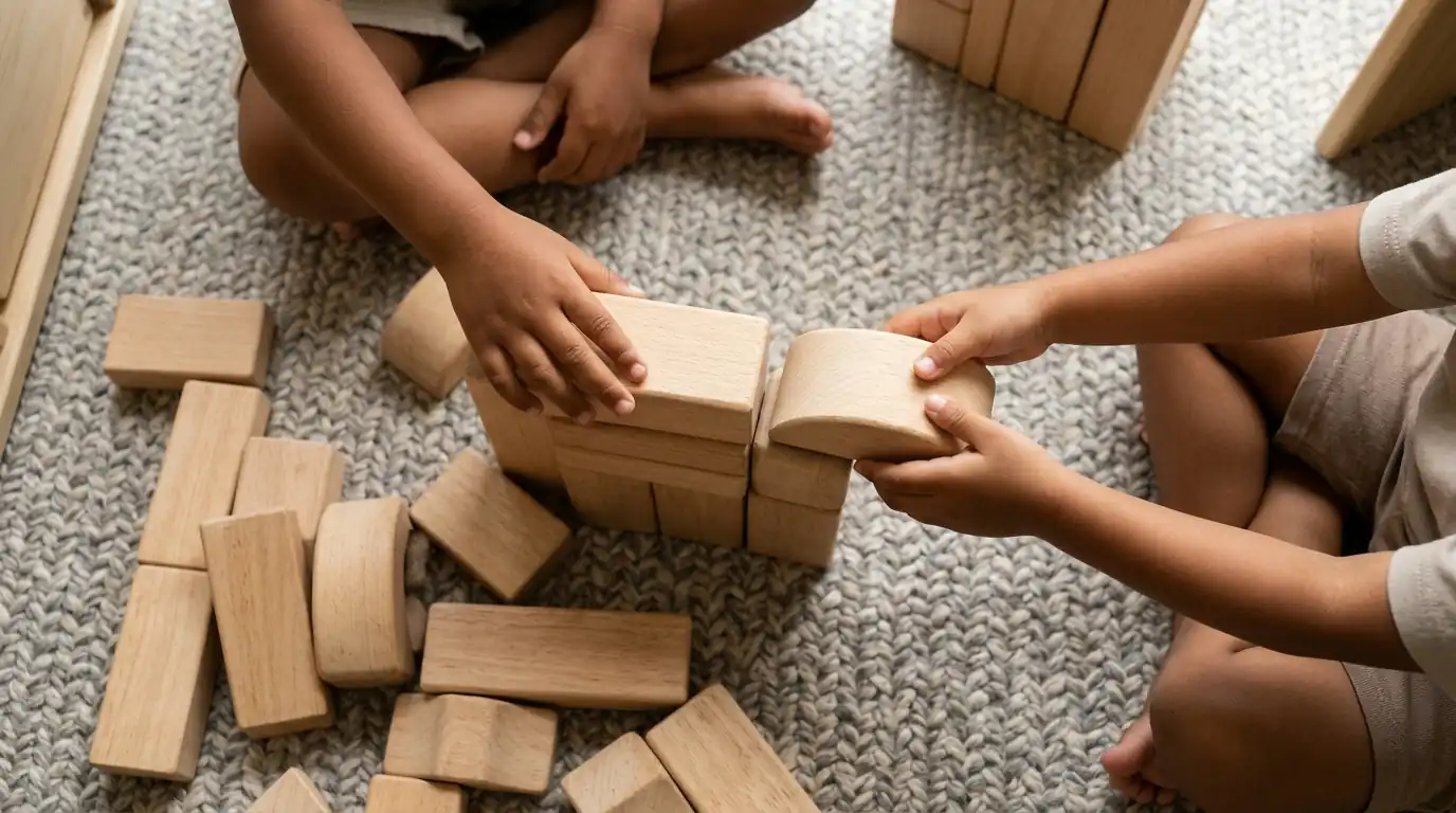 Dua anak bermain dan menyusun balok kayu bersama di atas karpet.