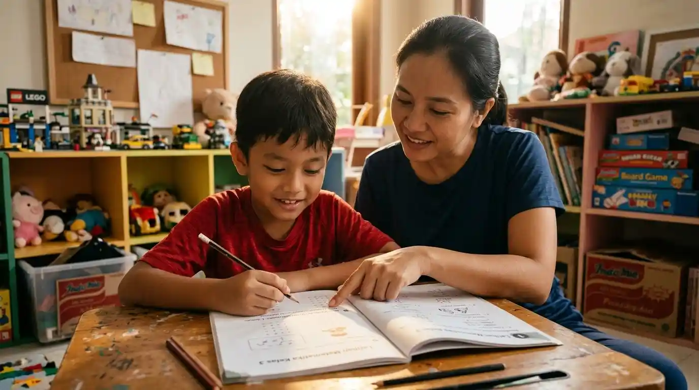 Seorang ibu mendampingi anak memulai pekerjaan rumah di meja belajar.
