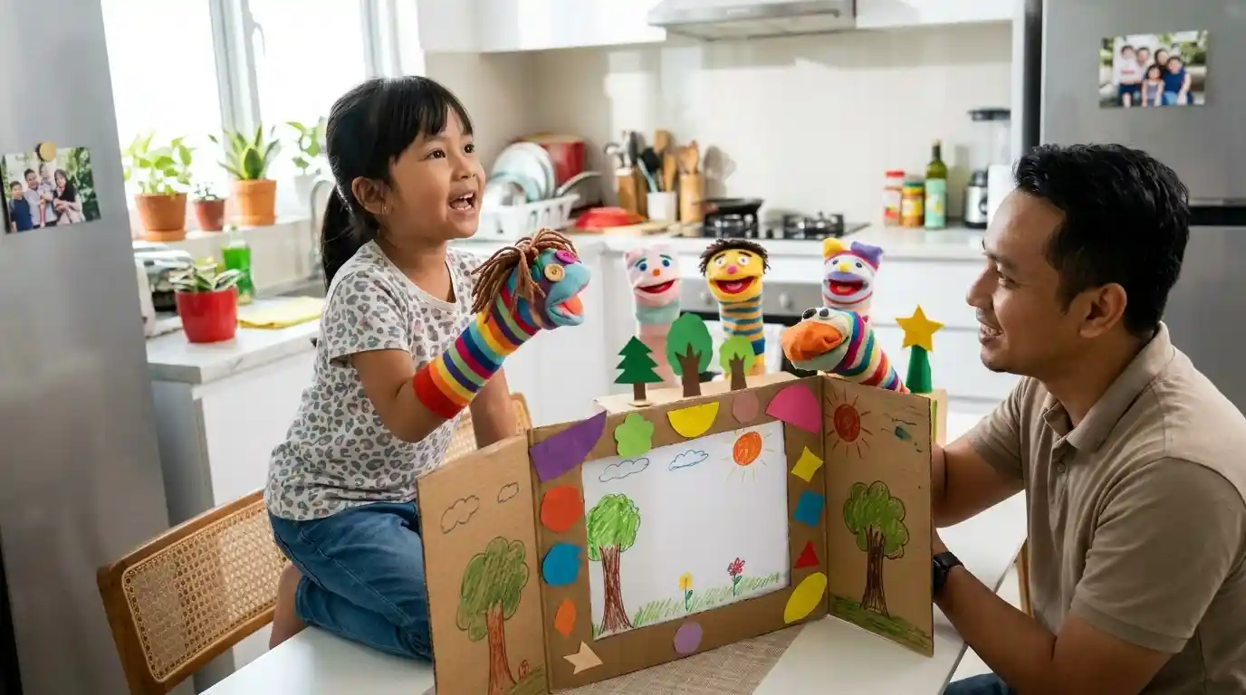 Seorang ibu dan anak membuat pertunjukan boneka dari bahan sederhana.