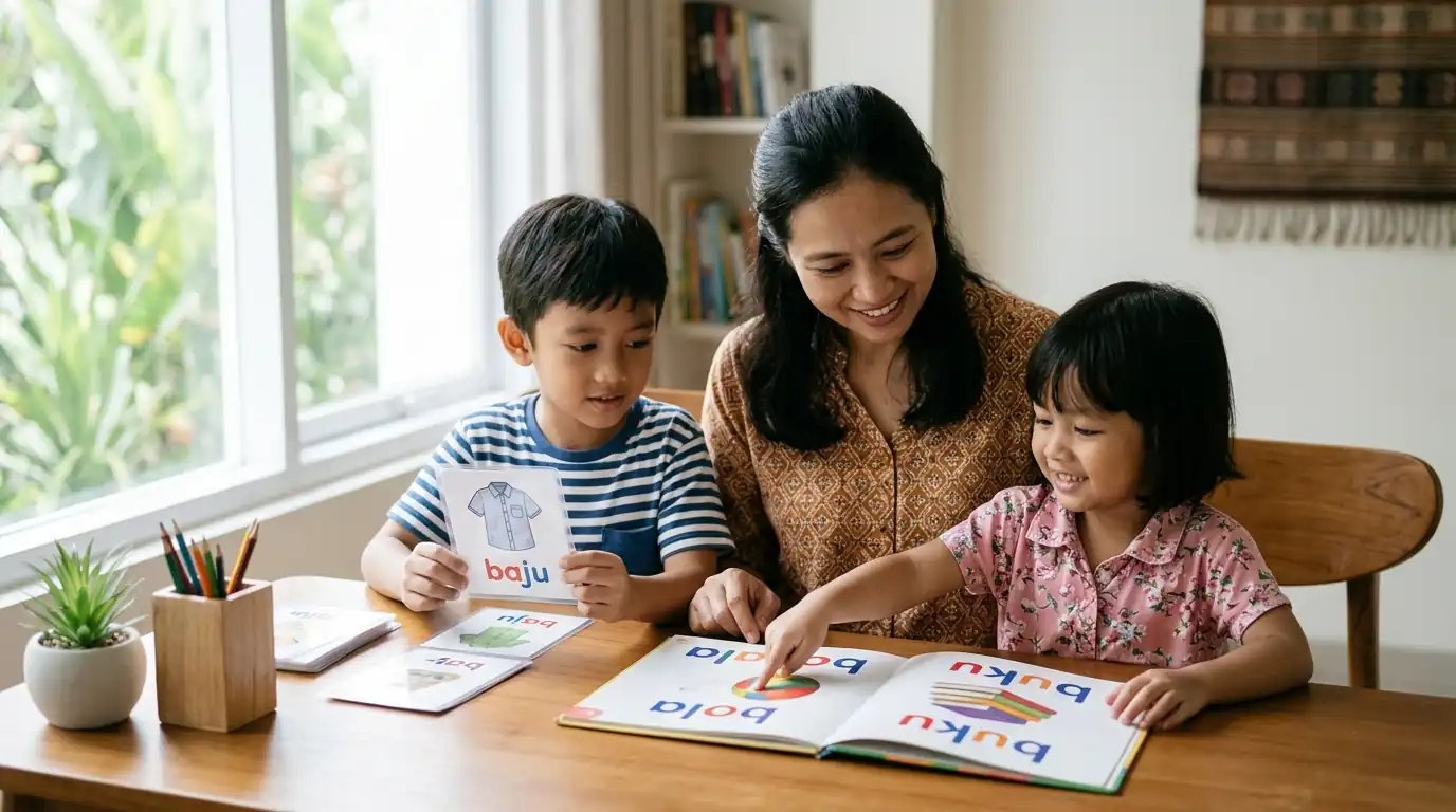 Seorang ibu dan anak-anak melakukan kegiatan bergambar di meja rumah.
