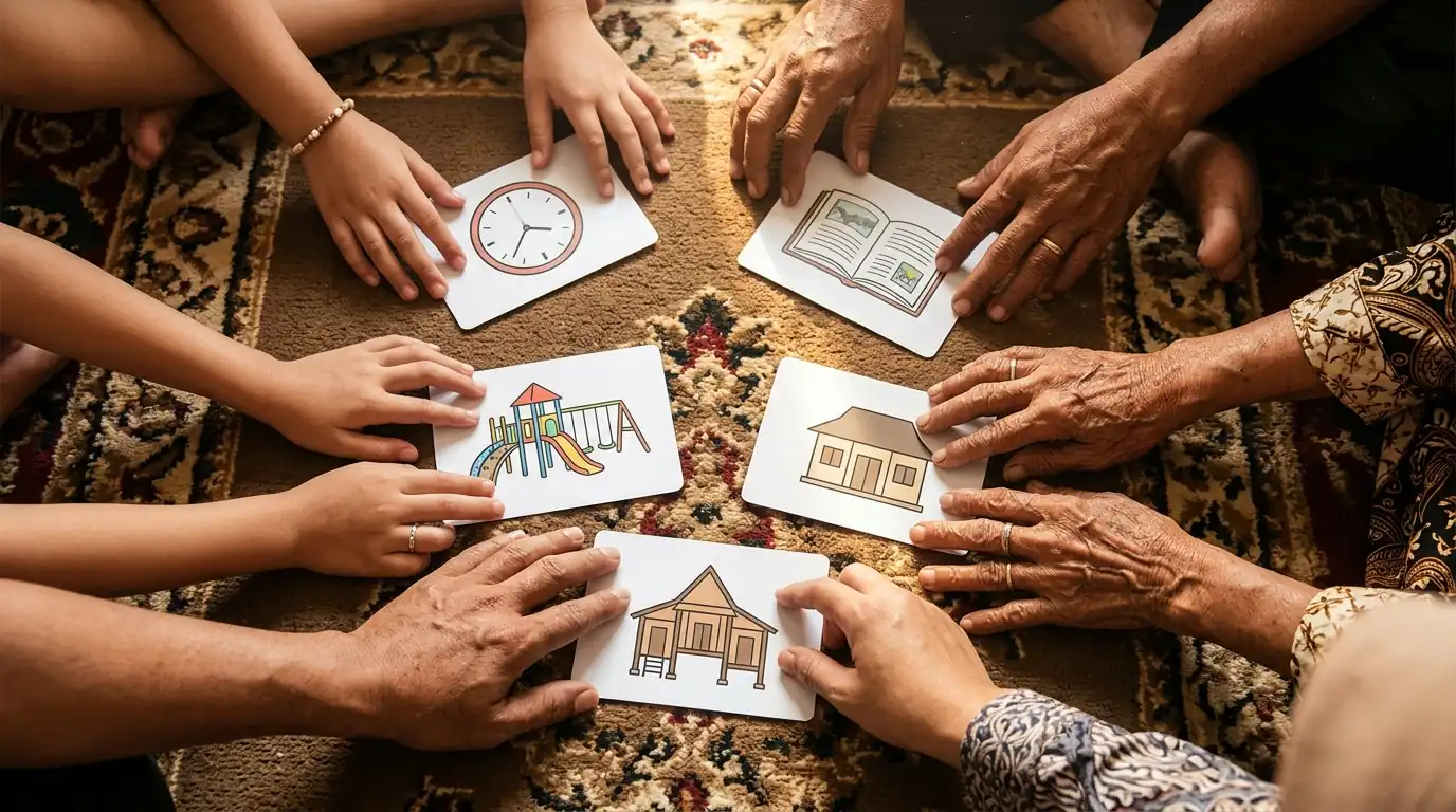 Beberapa tangan keluarga menyusun kartu bergambar bersama.