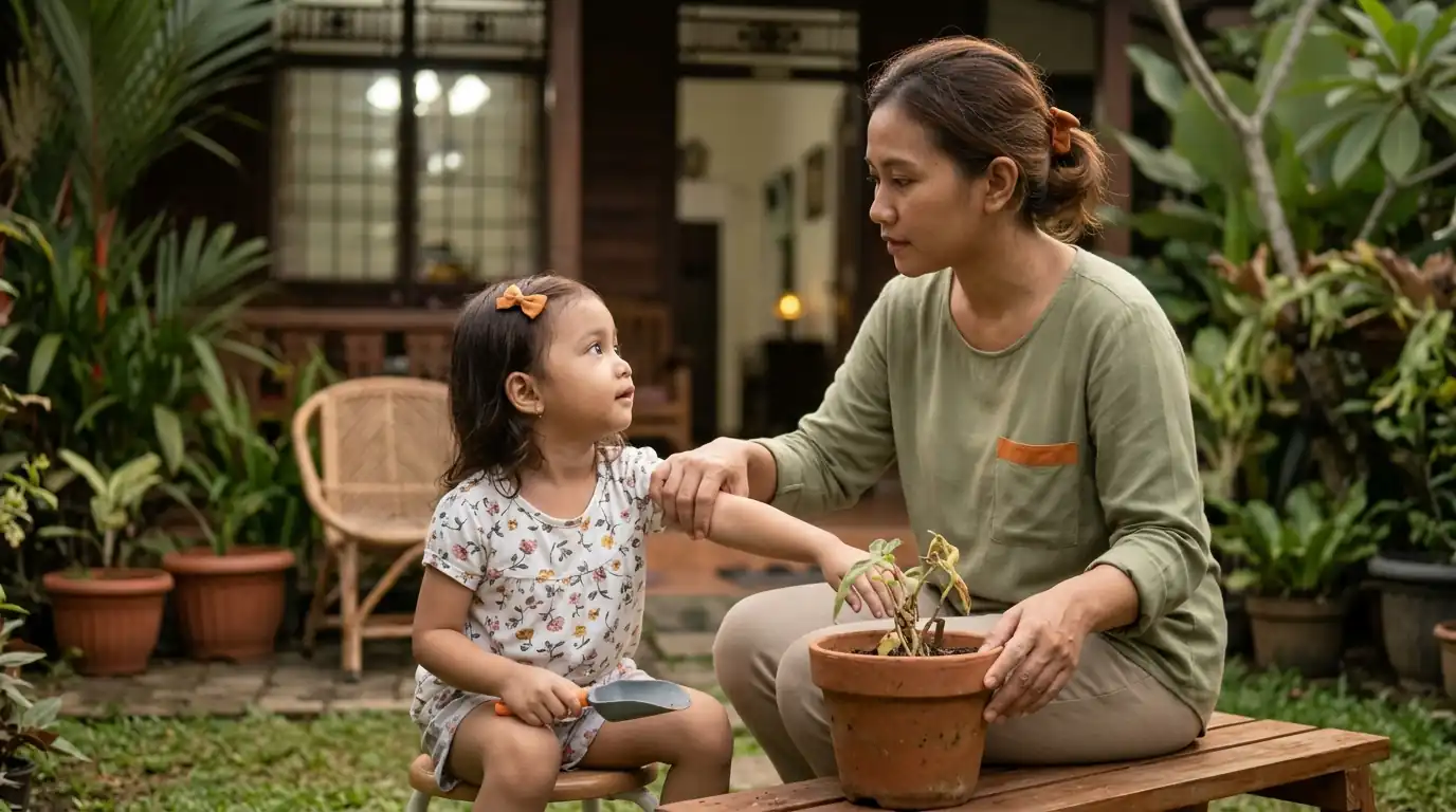 Ibu memeluk atau menenangkan anak kecil.