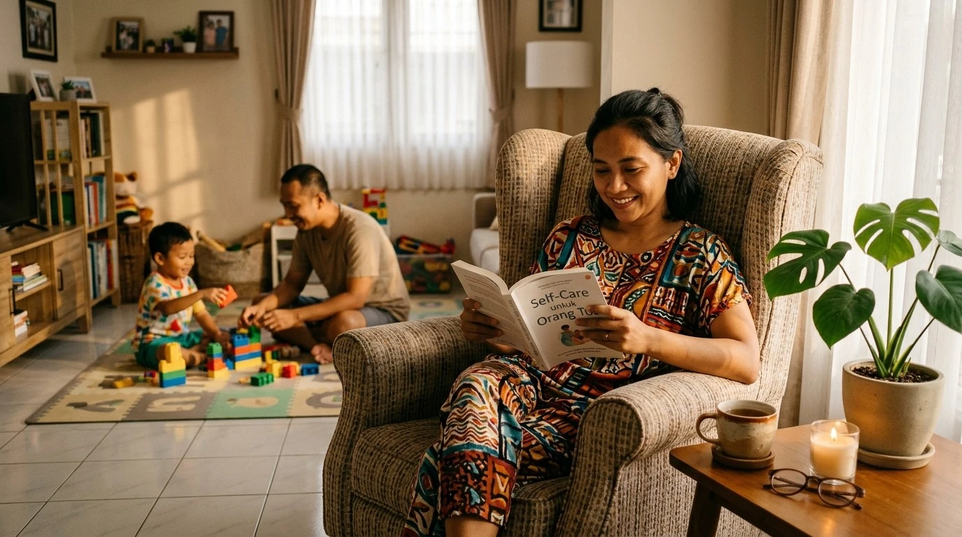 Seorang ibu membaca buku bersama anak di sofa ruang keluarga.