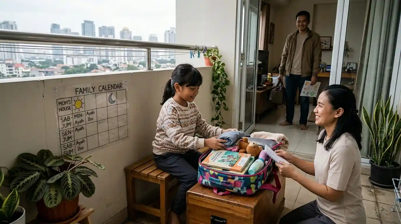 Seorang ibu dan anak meninjau jadwal kegiatan keluarga di rumah.