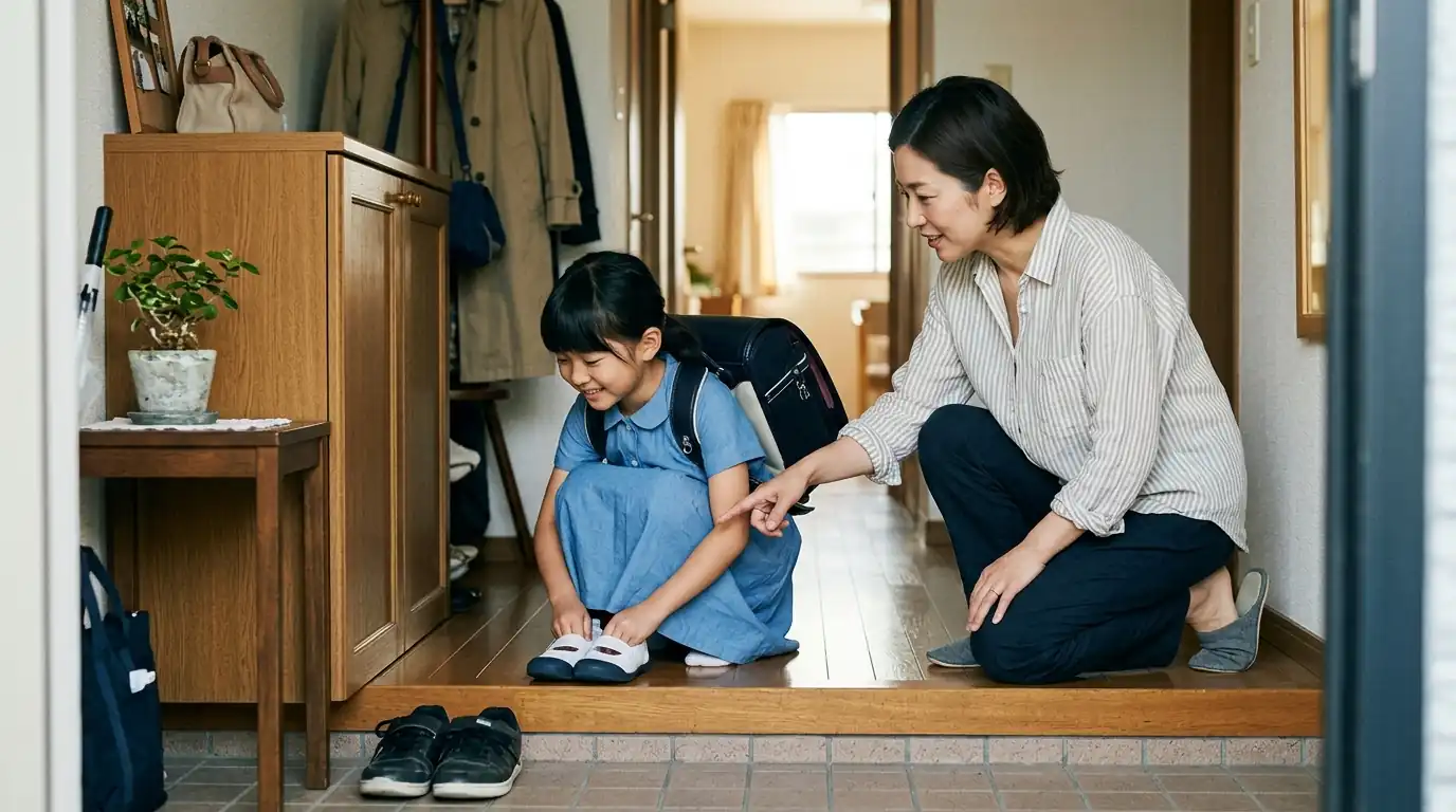 Ibu berjongkok membantu anak merapikan sepatu sebelum beraktivitas.