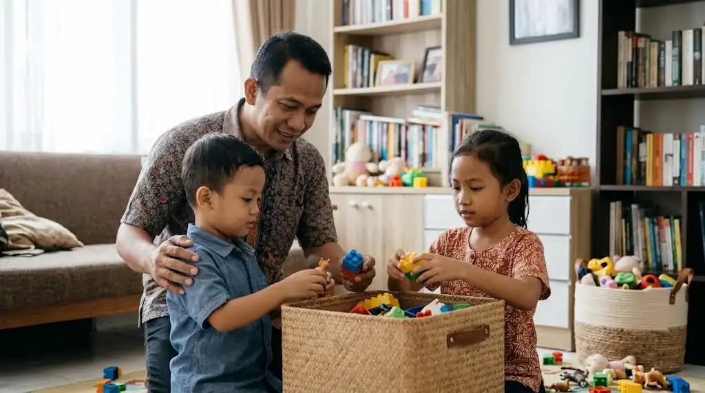 Orang tua memeluk anak dengan hangat di rumah.