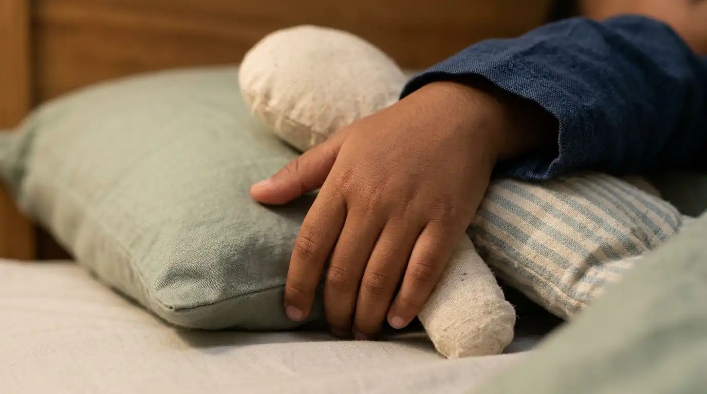 Tangan anak memegang bantal lembut di atas tempat tidur.