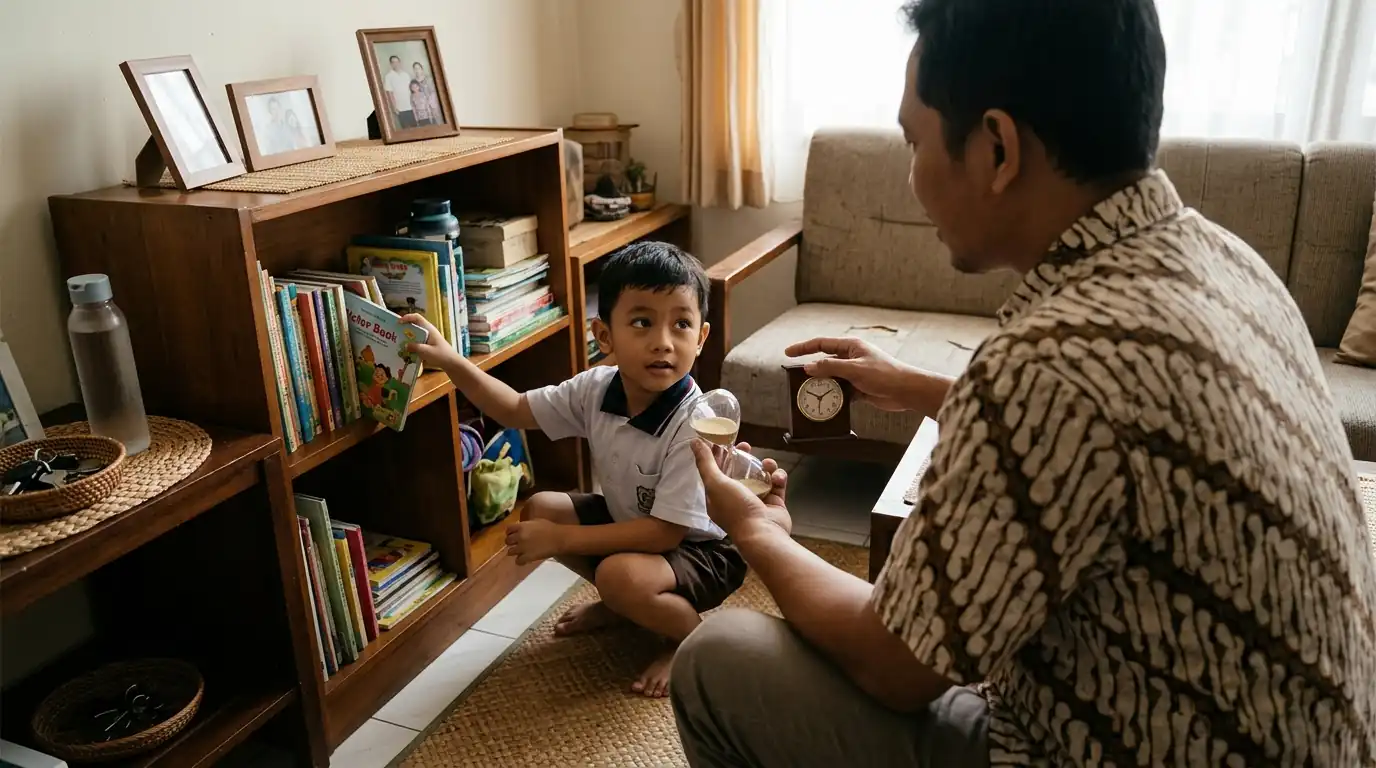 Ayah mendampingi anak membaca buku di dekat rak buku.