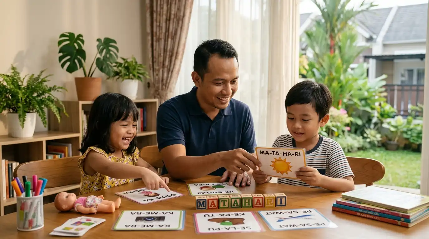Satu keluarga dengan orang tua dan anak-anak melakukan kegiatan bersama di meja.