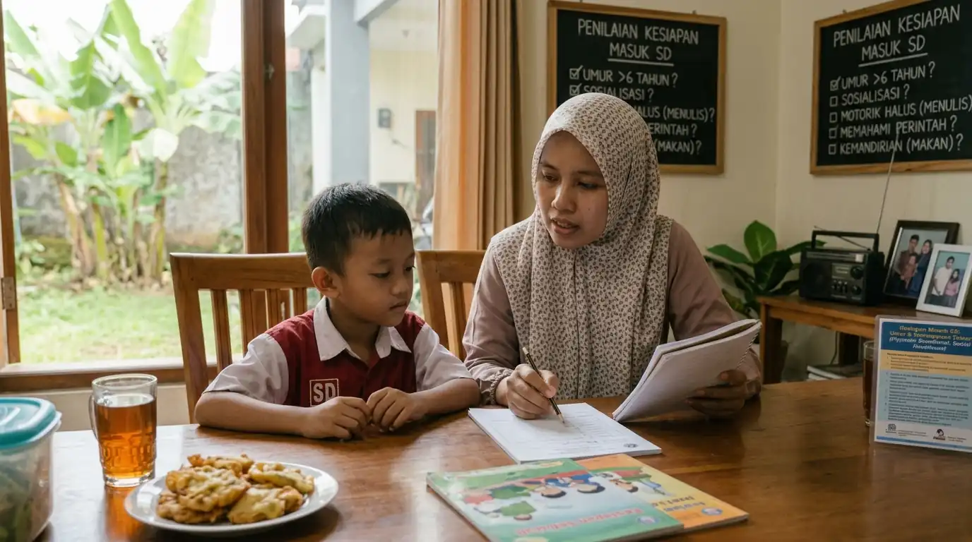 Orang tua mendampingi anak mengerjakan aktivitas di meja belajar.