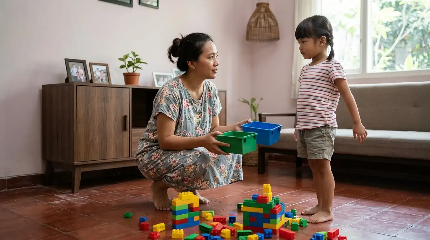 Ibu menemani anak menyusun balok warna-warni di ruang keluarga.