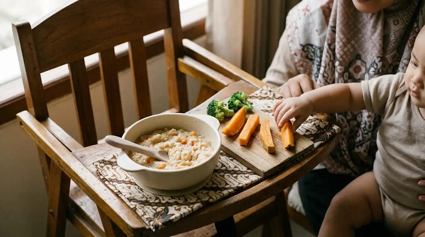 Potongan sayur dan makanan tersusun pada piring bersekat di depan anak.