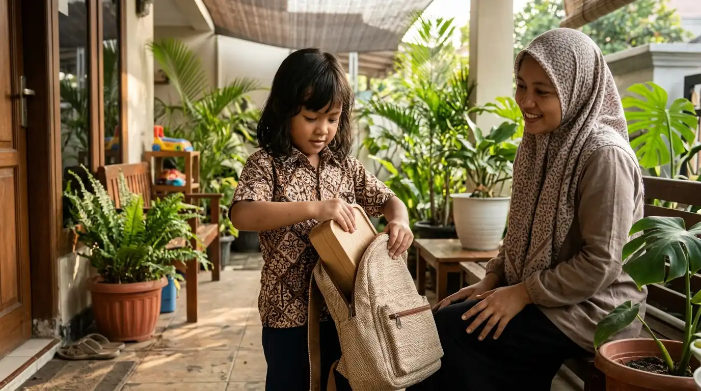 Seorang ibu duduk bersama anak perempuan kecil sambil menyiapkan atau membaca buku.