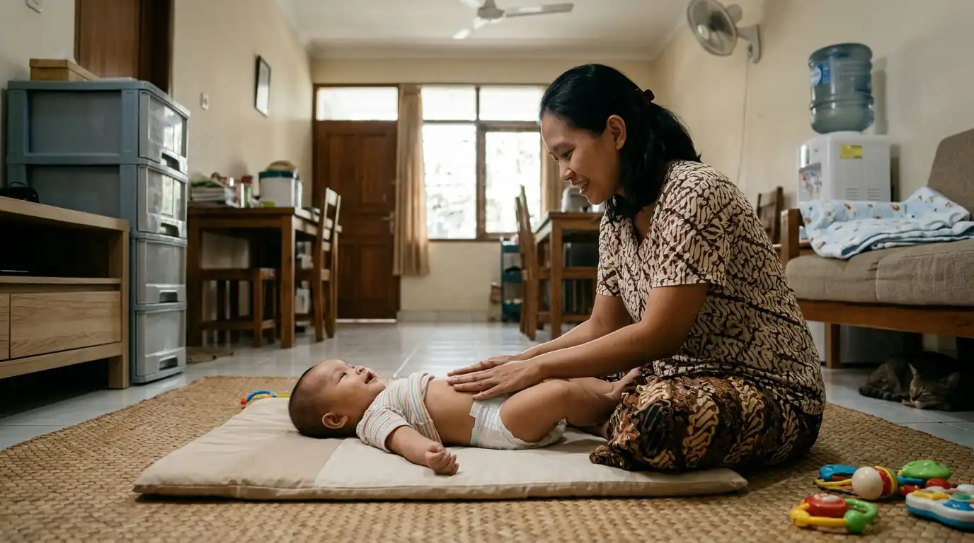 Ibu mendampingi bayi yang berada di atas alas bermain dengan mainan di sekitarnya.