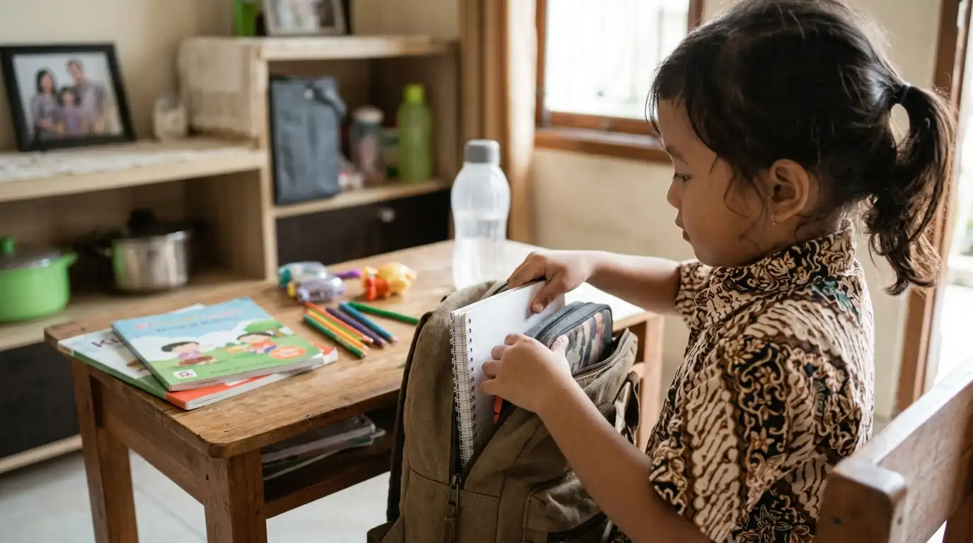 Seorang anak perempuan duduk di dekat rak buku sambil memperhatikan sebuah buku atau bahan aktivitas.